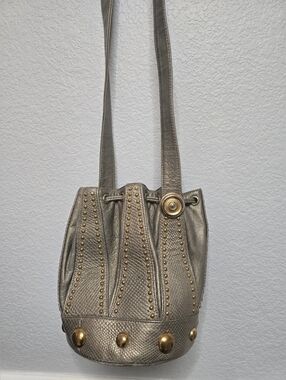 Gold Tone Leather Studded Tassels  Vintage Bucket Drawstring Handbag With Wallet